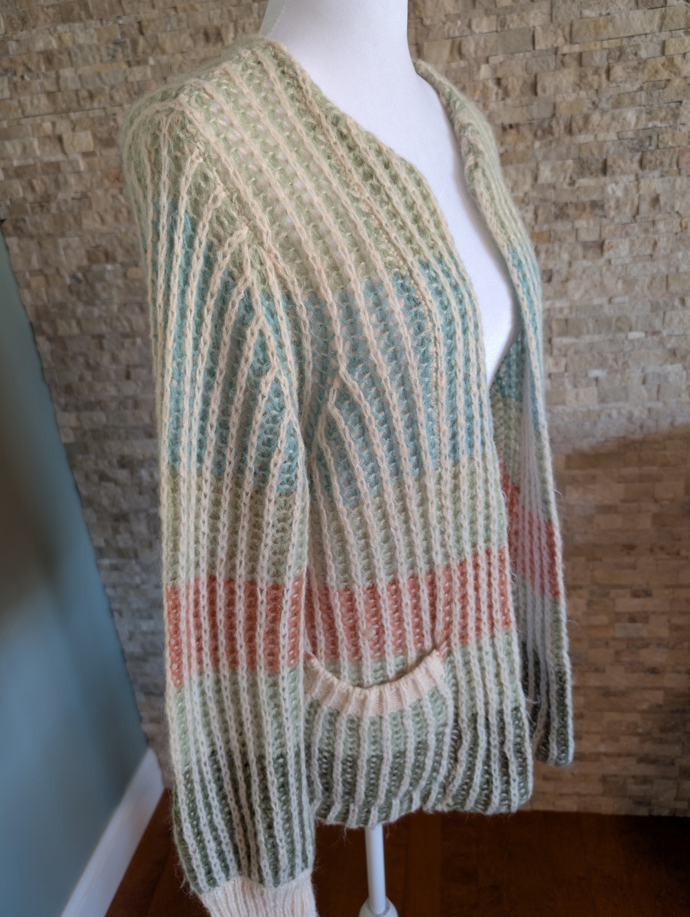 Democracy Wool Blend Open Front Ribbed Open Knit Multicolor Stripe Cardigan Sz L image 2